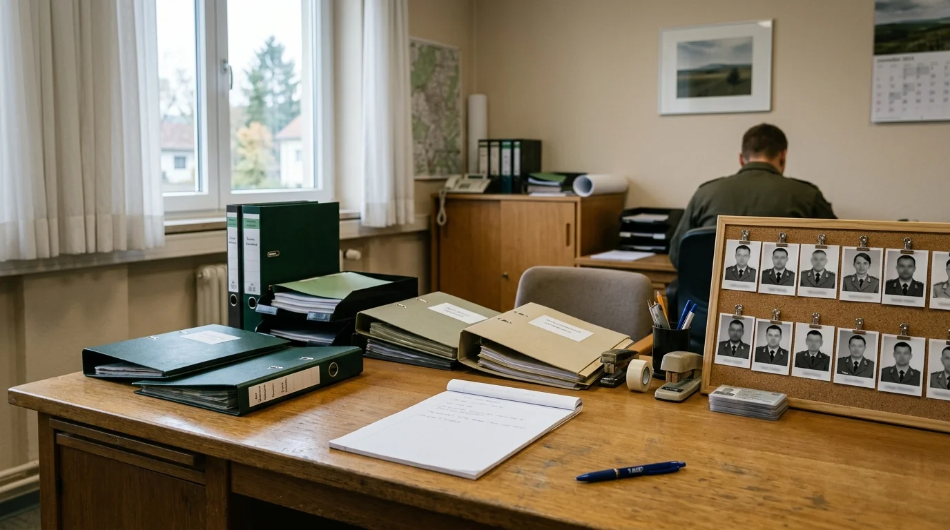 Neutral office scene with documents on a desk in a military commissariat